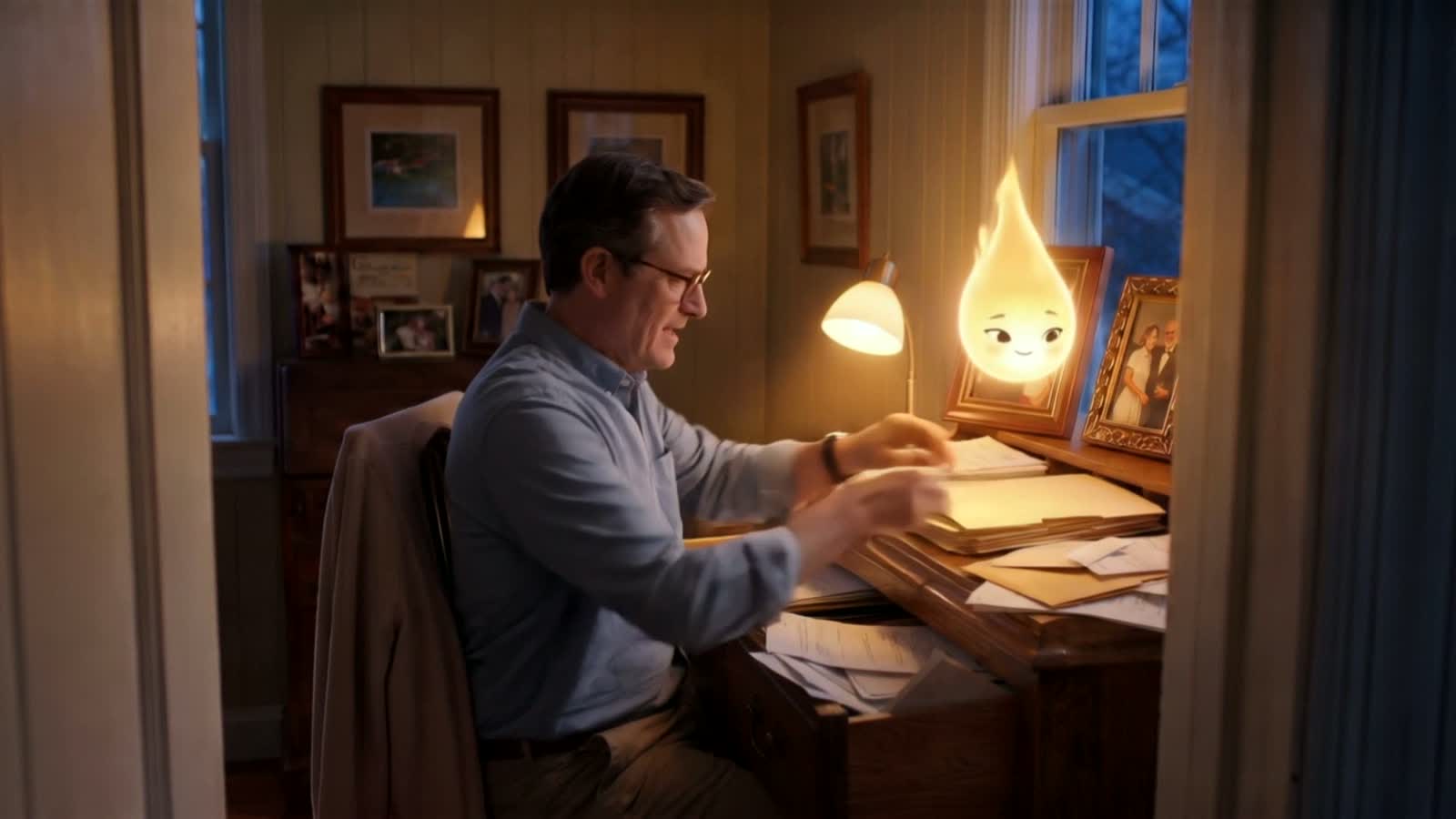 A man at a writing desk by a window, papers spread in front of him, Lumen glowing beside the lamp