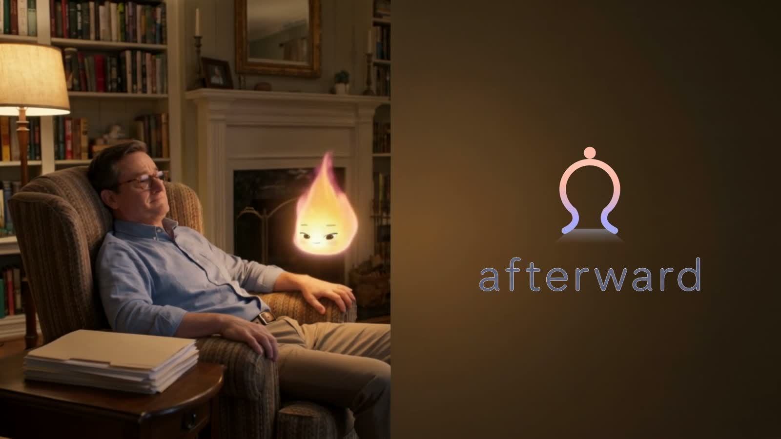 A man asleep in an armchair by a lit fire, papers set down beside him, Lumen glowing warm in the room